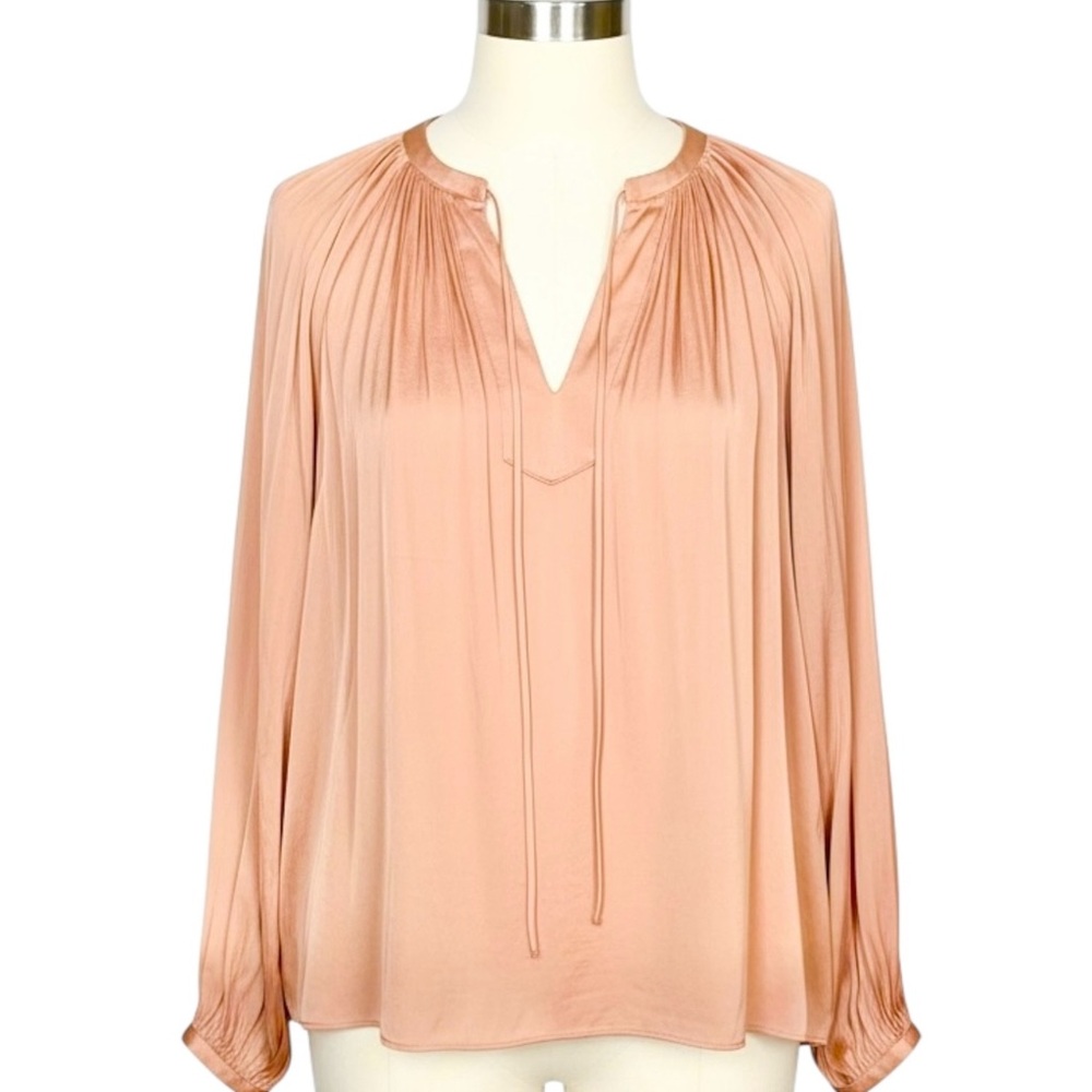 South Women Warm Copper Brown Contemporary Peasant Blouse Tie Neck Flowy Boho XS